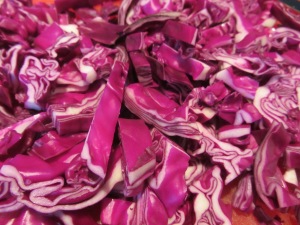 Shredded red cabbage.
