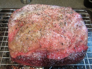 Roast, coated with canola oil and sprinkled with Kosher salt and pepper.