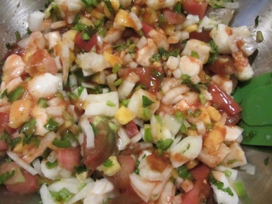White wine Worcestershire, hot sauce, and tomato juice, added to ceviche.