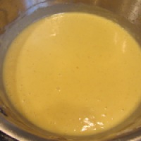 Tempered egg yolks added to roux.