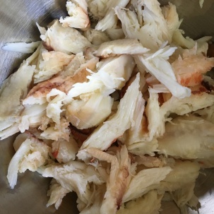 Crab meat, picked from Dungeness crabs.