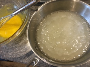 Egg yolks and hot starch mixture.