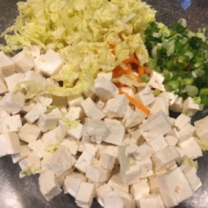 Cubed tofu, grated carrot, Napa cabbage, and scallions.