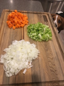 5 ounces each of onion, celery, and carrot.