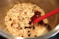 Puffed rice, dried fruit, and almonds added to marshmallow mix.