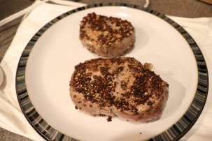 Filets after cooking for four minutes per side. Transferred to plate on heating pad.